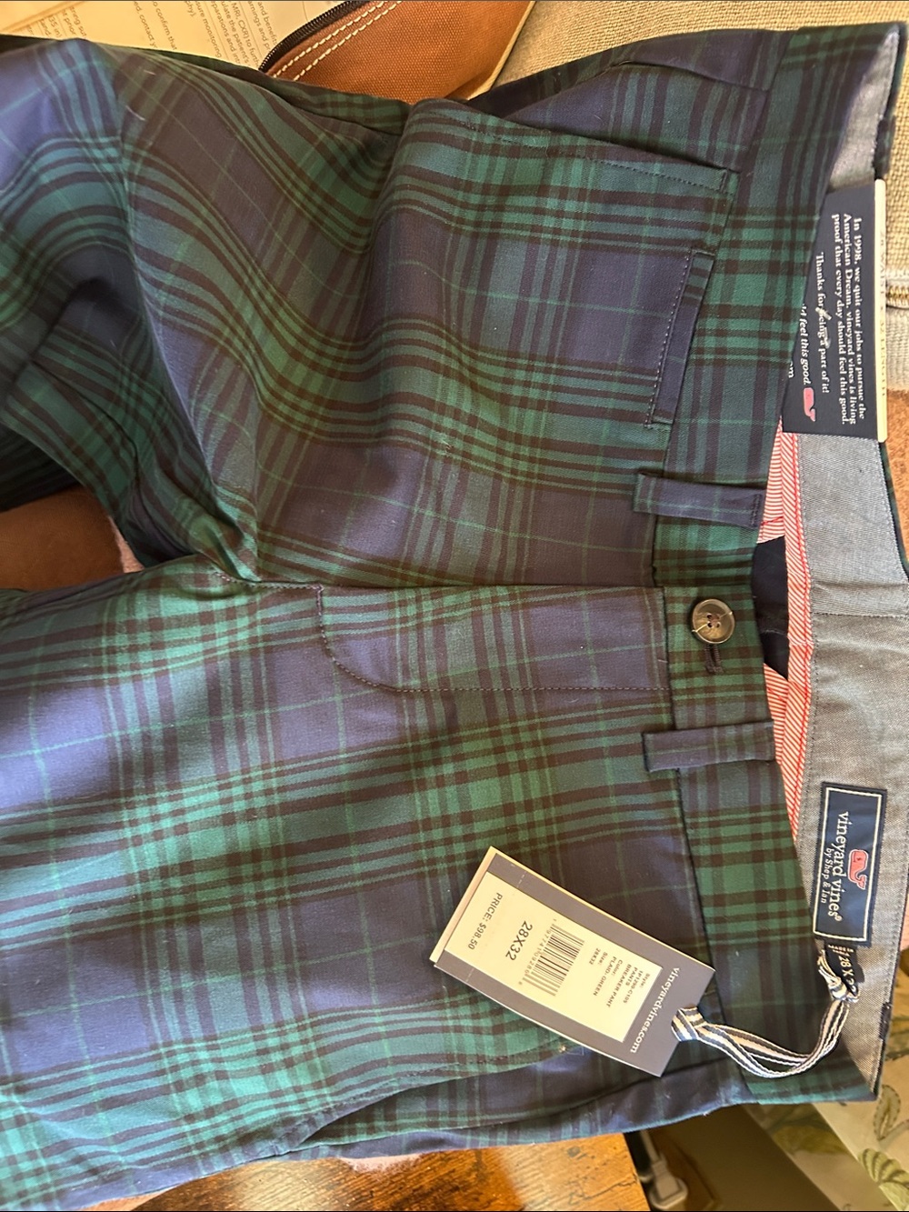 Vineyard Vines Green and Navy Plaid Flat Front Pants " Breaker Pant"